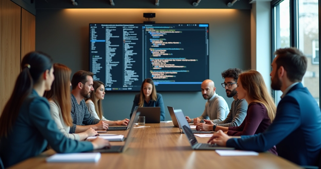 Team collaborating with consultant and reviewing code on laptops 