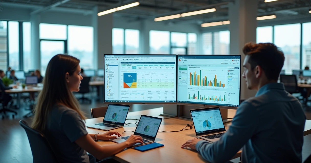 Equipe financeira usando software de contabilidade em dashboard com integração bancária 