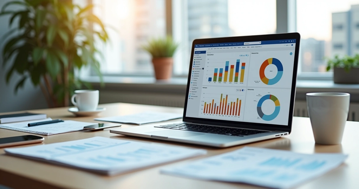 Mesa com laptop mostrando dashboard de software de contabilidade com IA, gráficos e dados financeiros detalhados, ambiente moderno e claro 