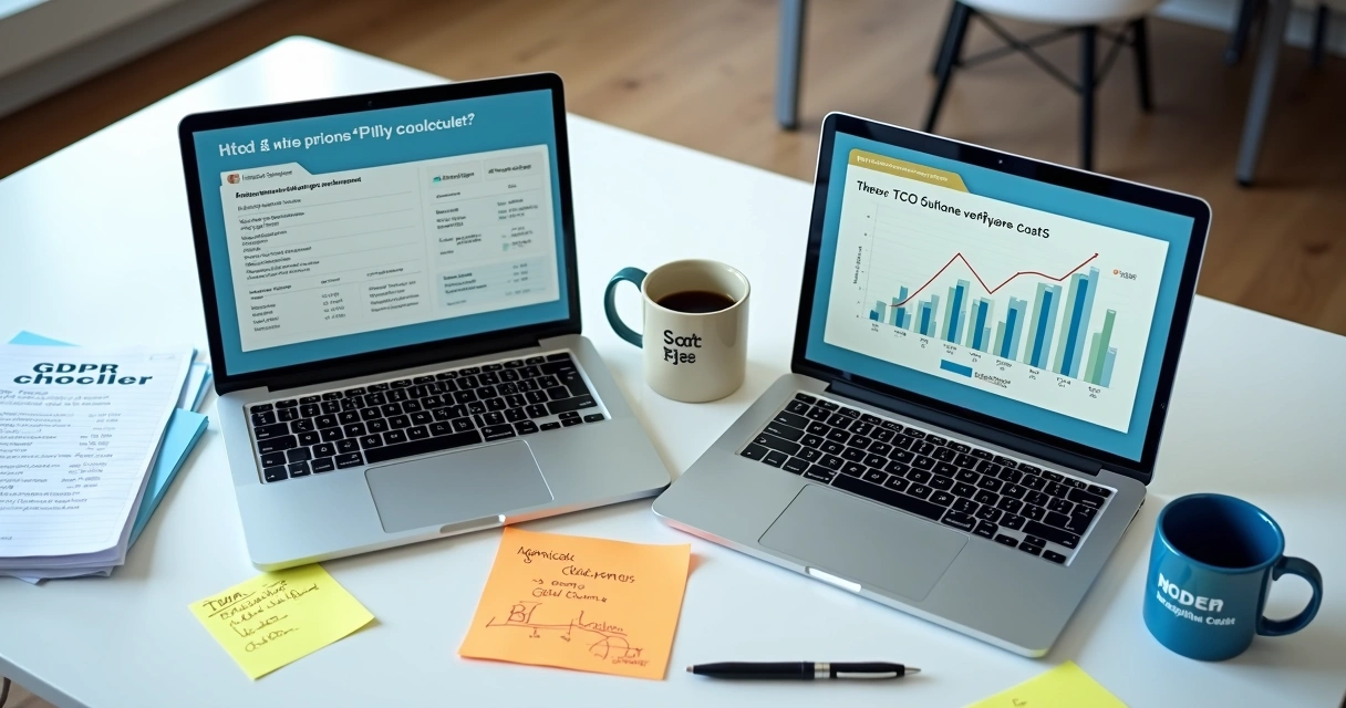 TCO comparison chart for SaaS and custom software on office desk 