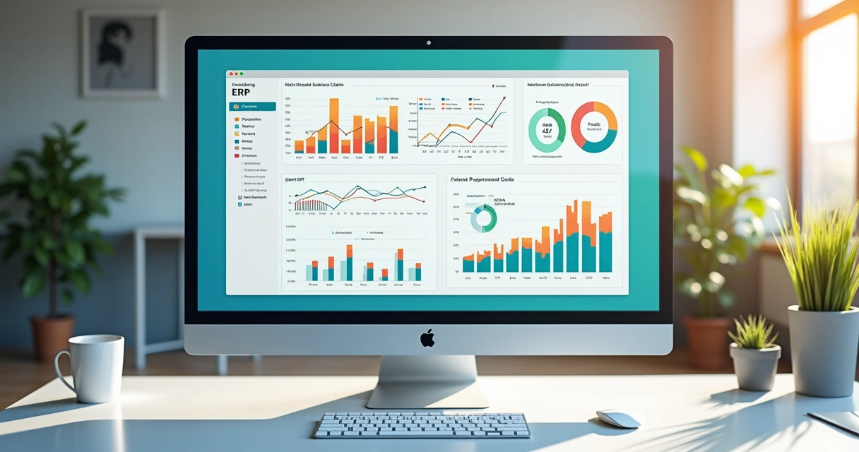 Dashboard digital de sistema ERP integrando vendas, estoque, fiscal e financeiro em tela widescreen 