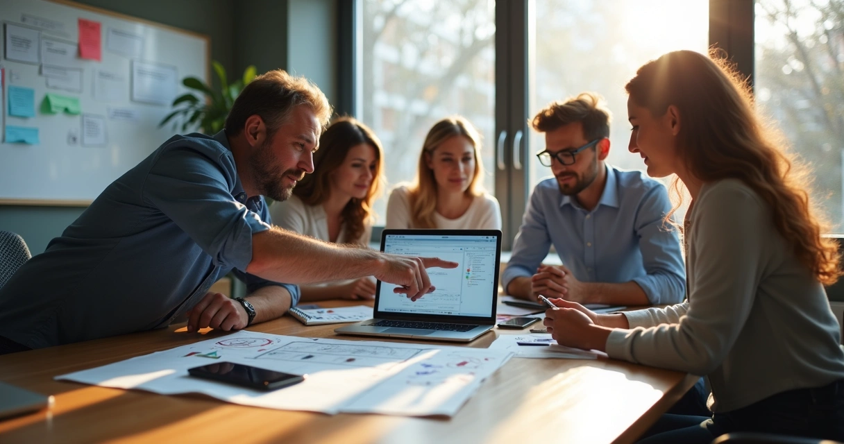 Team discussing custom software requirements around a laptop in a modern office 