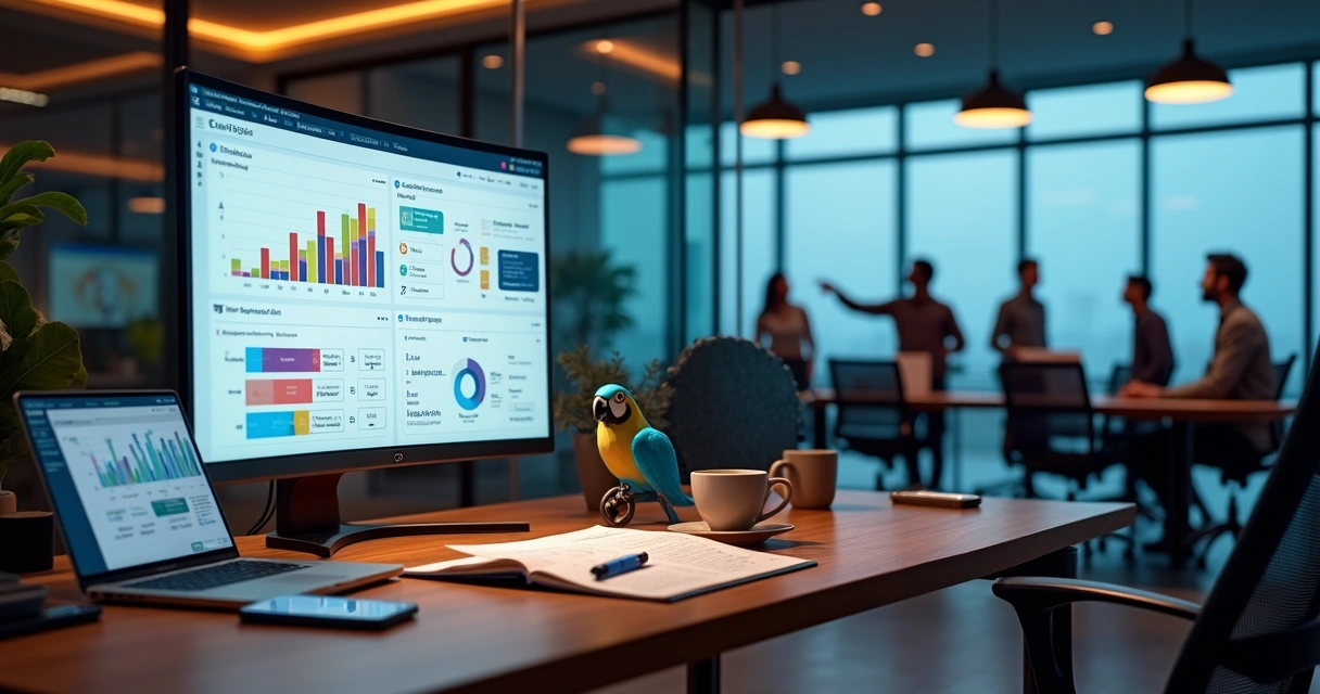 Dashboard de software empresarial com gráficos de ERP e CRM em escritório moderno 