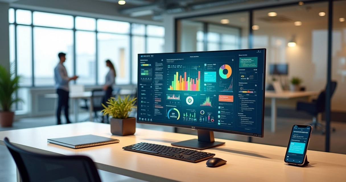 Tela grande exibindo painel de software empresarial integrado em escritório moderno 