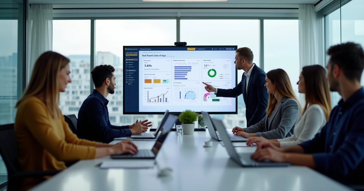 Equipe de software realizando onboarding com cliente em uma sala de reuniões.