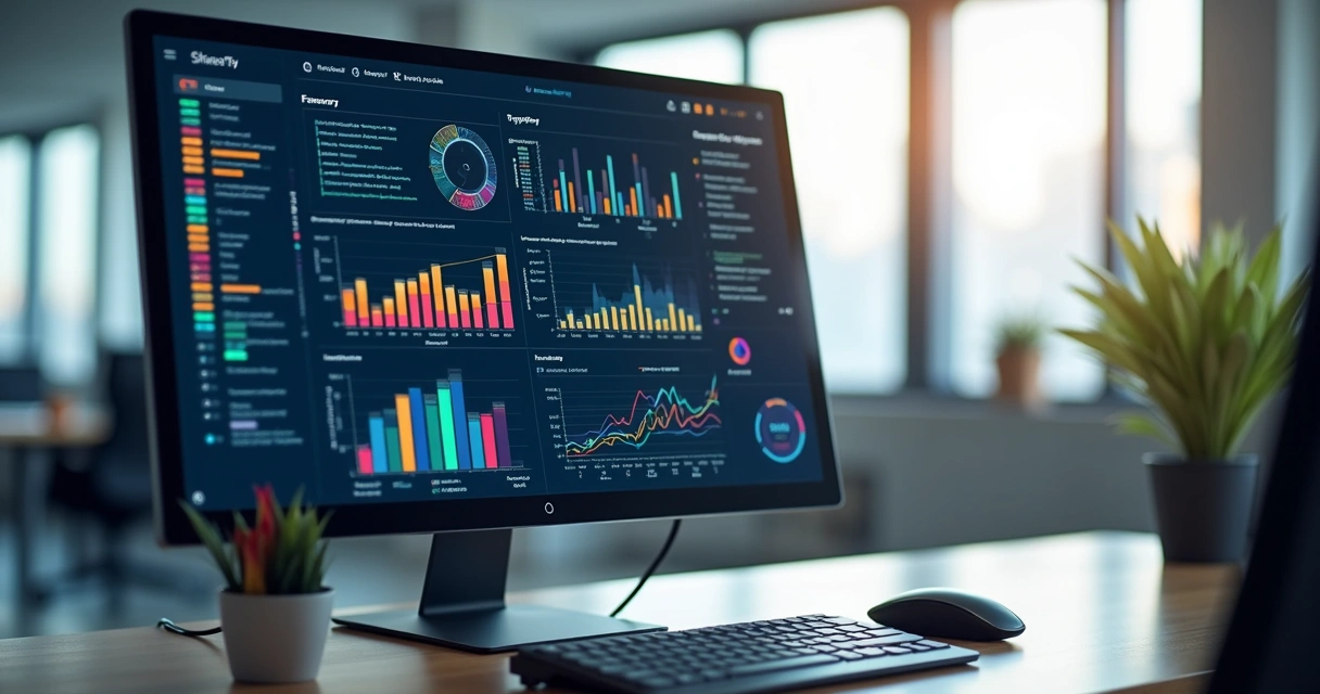 Tela de computador exibindo software ERP integrado com gráficos e tabelas conectando setores de vendas, estoque, financeiro e logística 