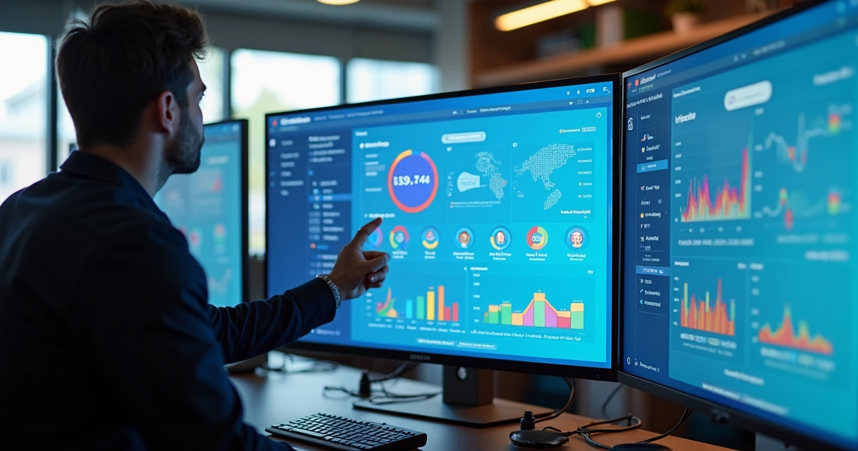 Ilustração de usuários interagindo com dashboards coloridos de software SaaS, destacando interface limpa e moderna 