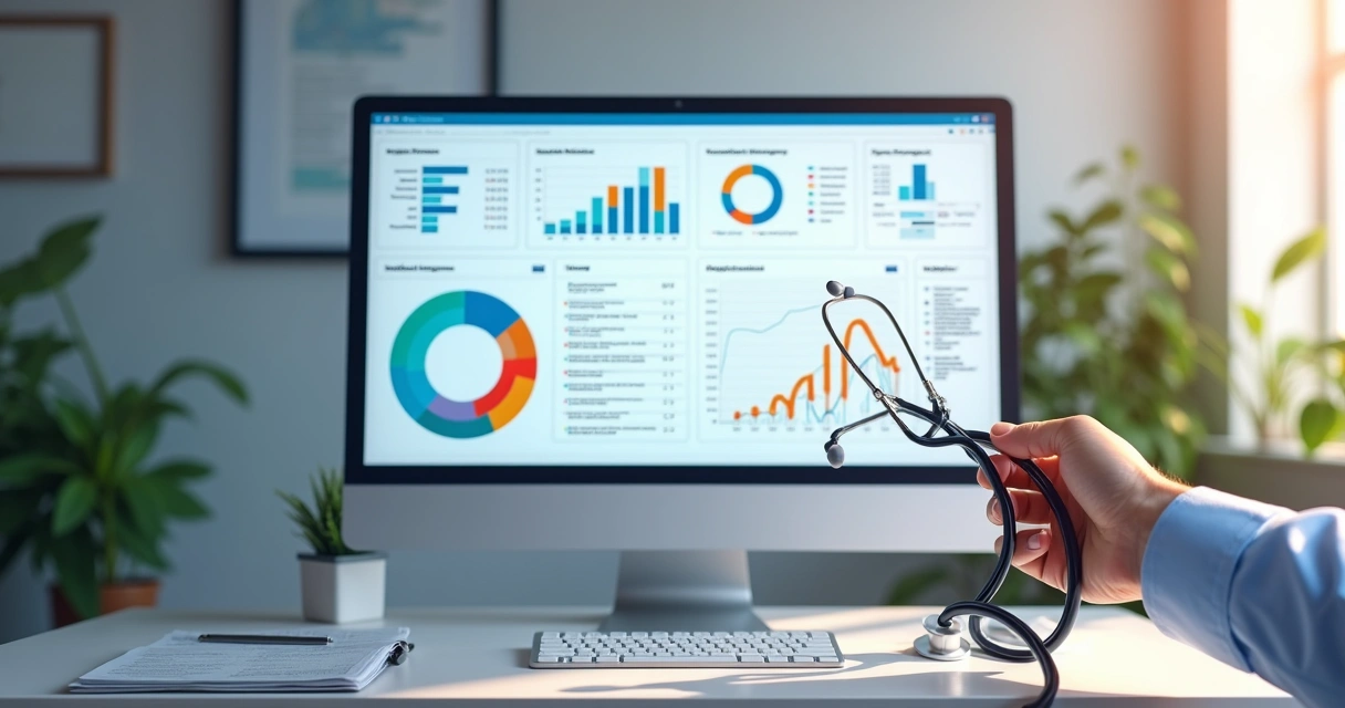 Tela de software financeiro médico com gráficos coloridos 