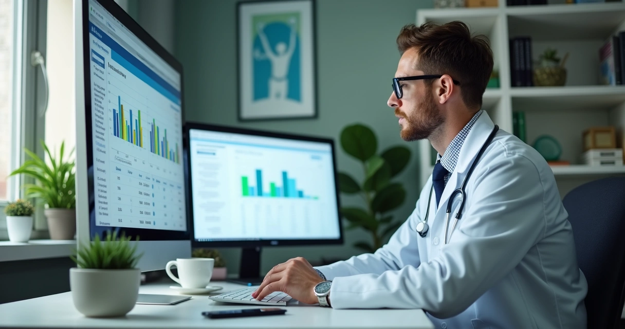 Médico usando software financeiro em consultório 