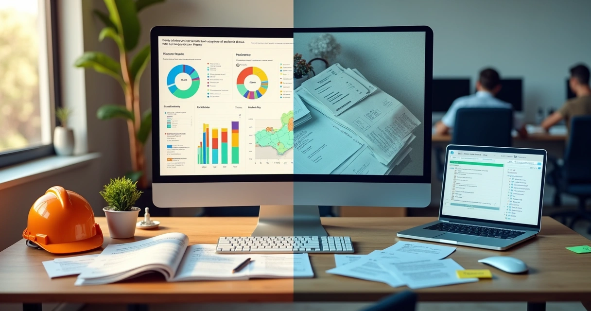 Comparação visual entre processo financeiro interno com software e financeiro terceirizado para construtora 