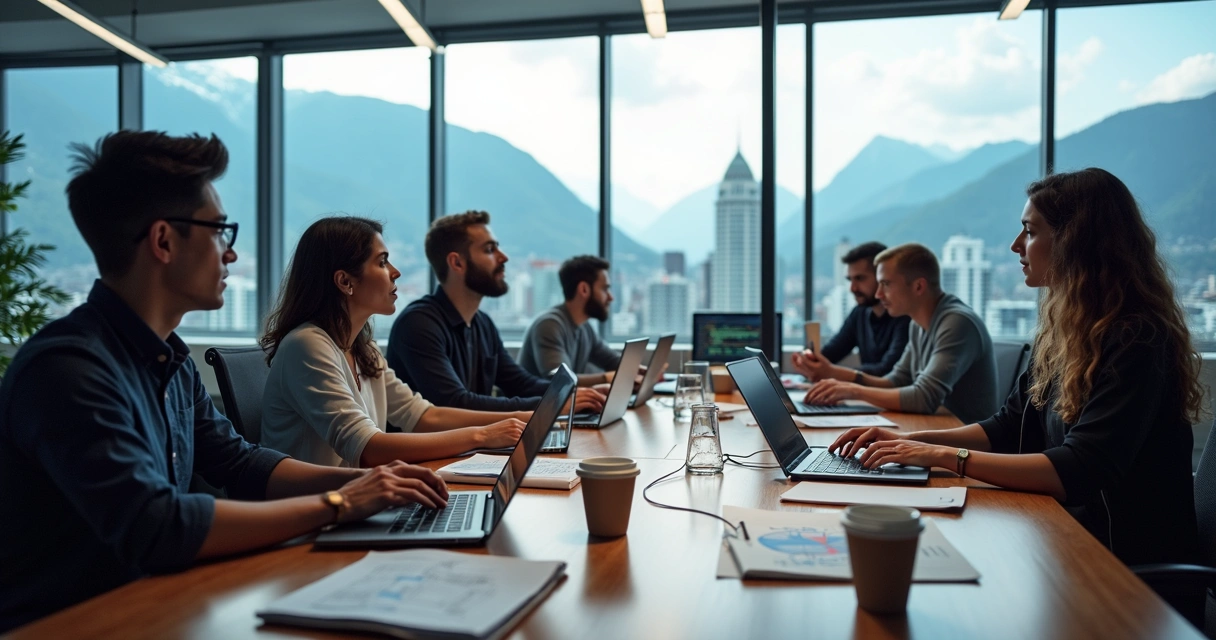 Modern office workspace with software developers collaborating on laptops and digital screens 