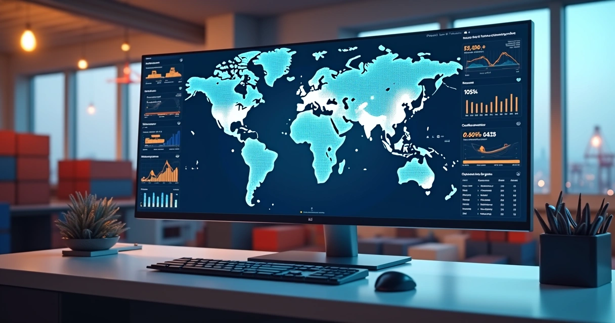 Painel 3D de software para freight forwarder com mapa mundial e rastreamento de embarques 