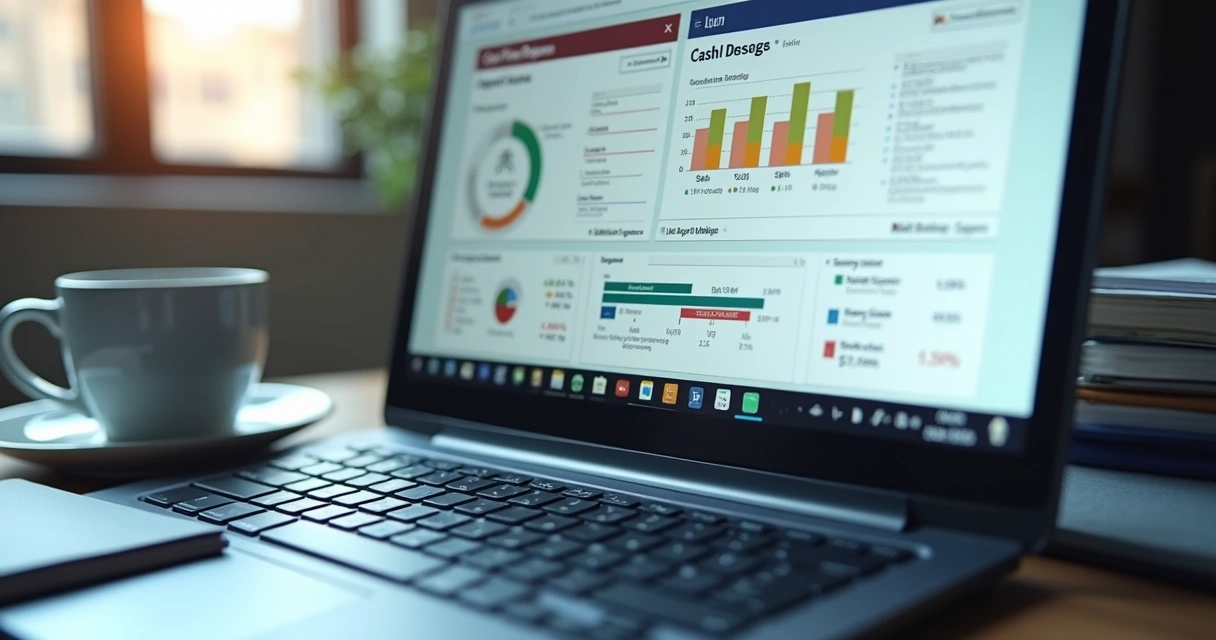 Tela de software de gestão financeira exibindo gráficos de caixa coloridos 