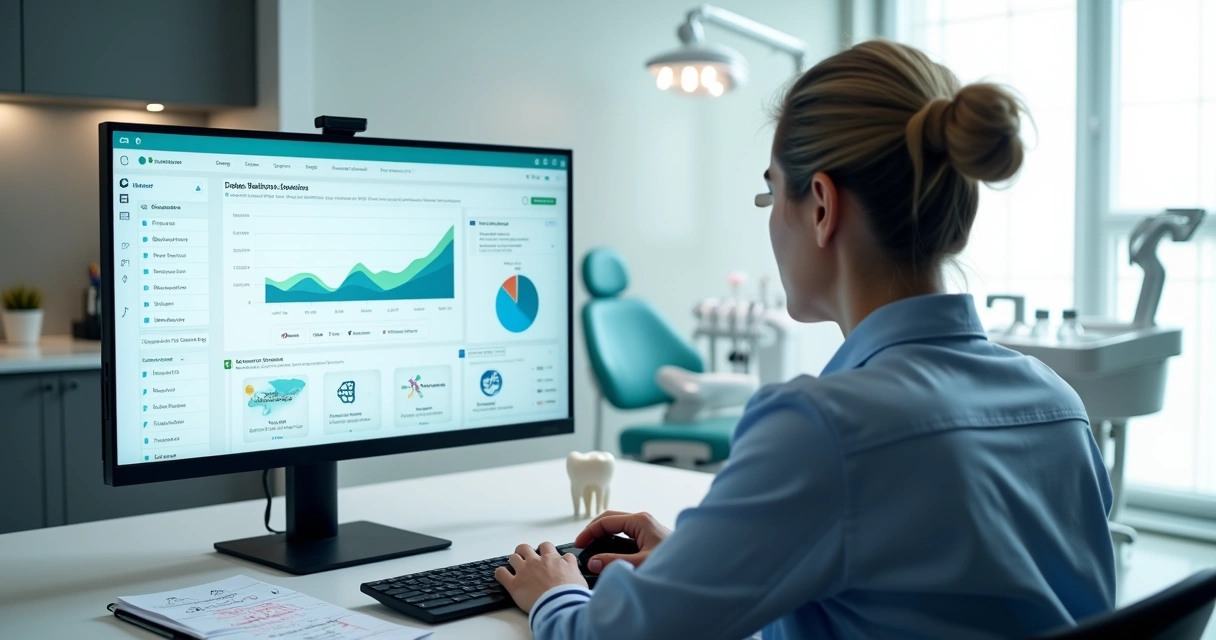 Gestor de clínica odontológica analisando painel de software de gestão em tela ampla 