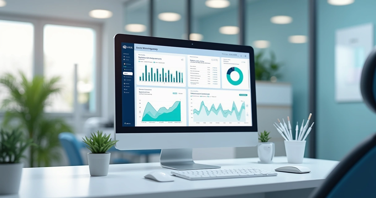 Tela de computador mostrando dashboard de software para gestão de clínica odontológica com gráficos e agendamentos 