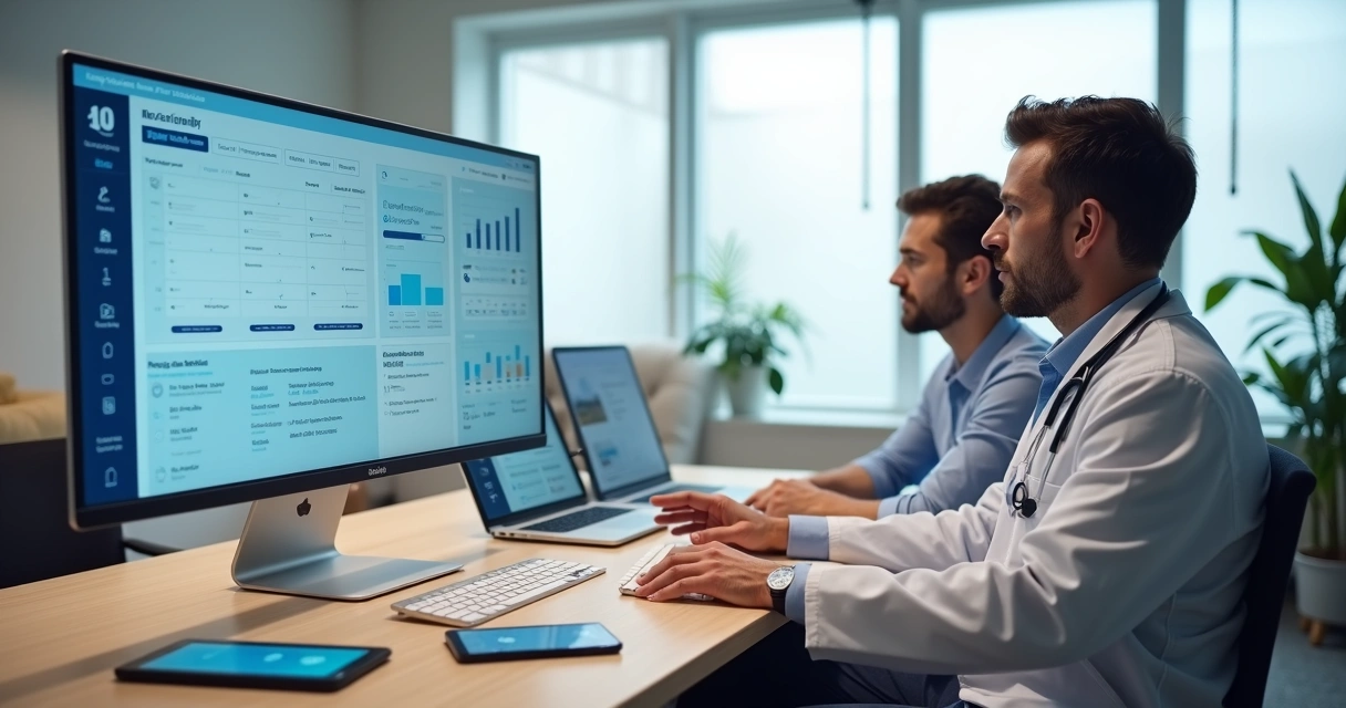 Médico usando software de gestão em consultório moderno com paciente ao lado 