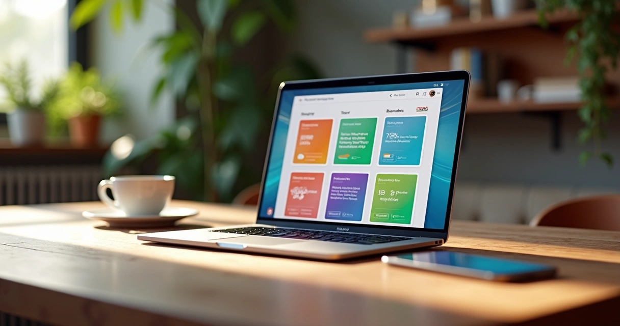 Tela de software moderno de gestão de conteúdo com dashboards e documentos