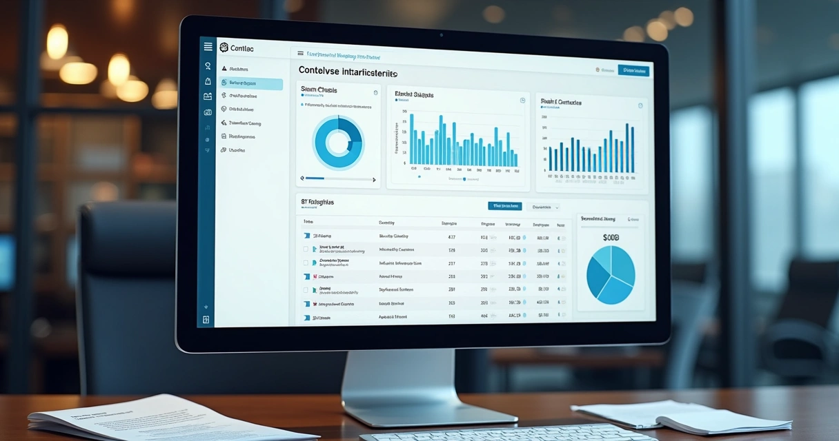 Tela de software de gestão de contratos com dashboard de alertas 