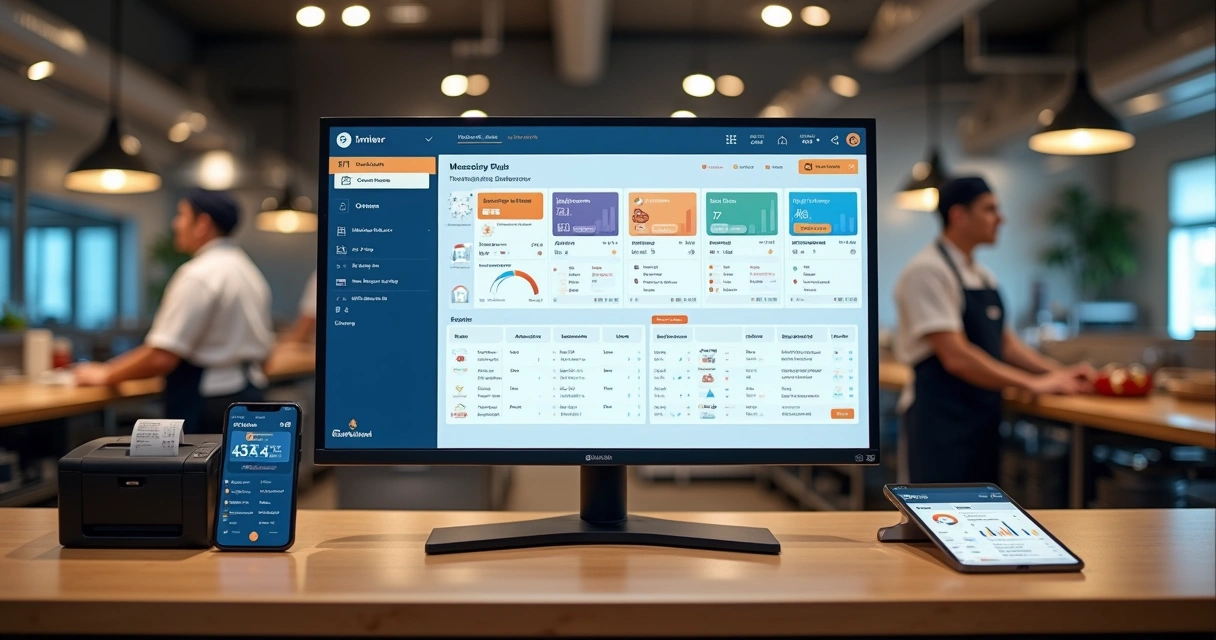 Tela de software de delivery gerenciando vários pedidos em cozinha profissional 