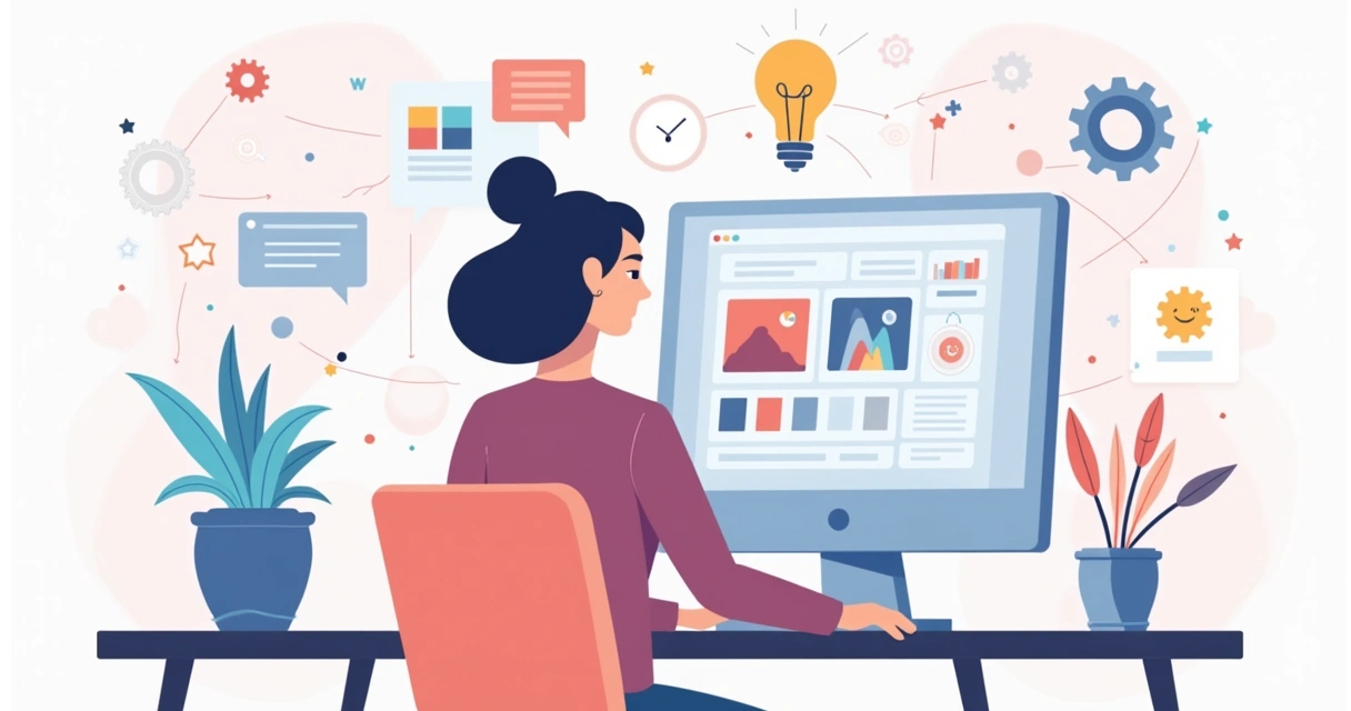 Ilustração corporativa de mulher trabalhando em computador com interface de software de gestão para design personalizado 