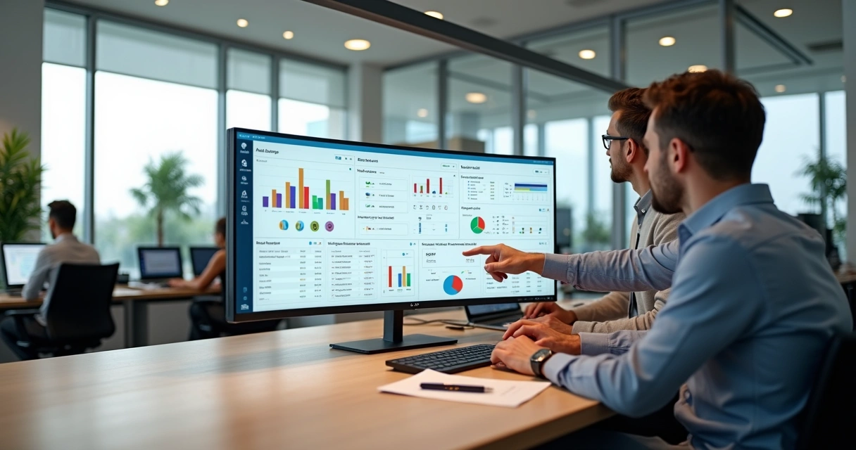 Equipe contábil usando software de gestão com painel financeiro e integrações bancárias na tela 