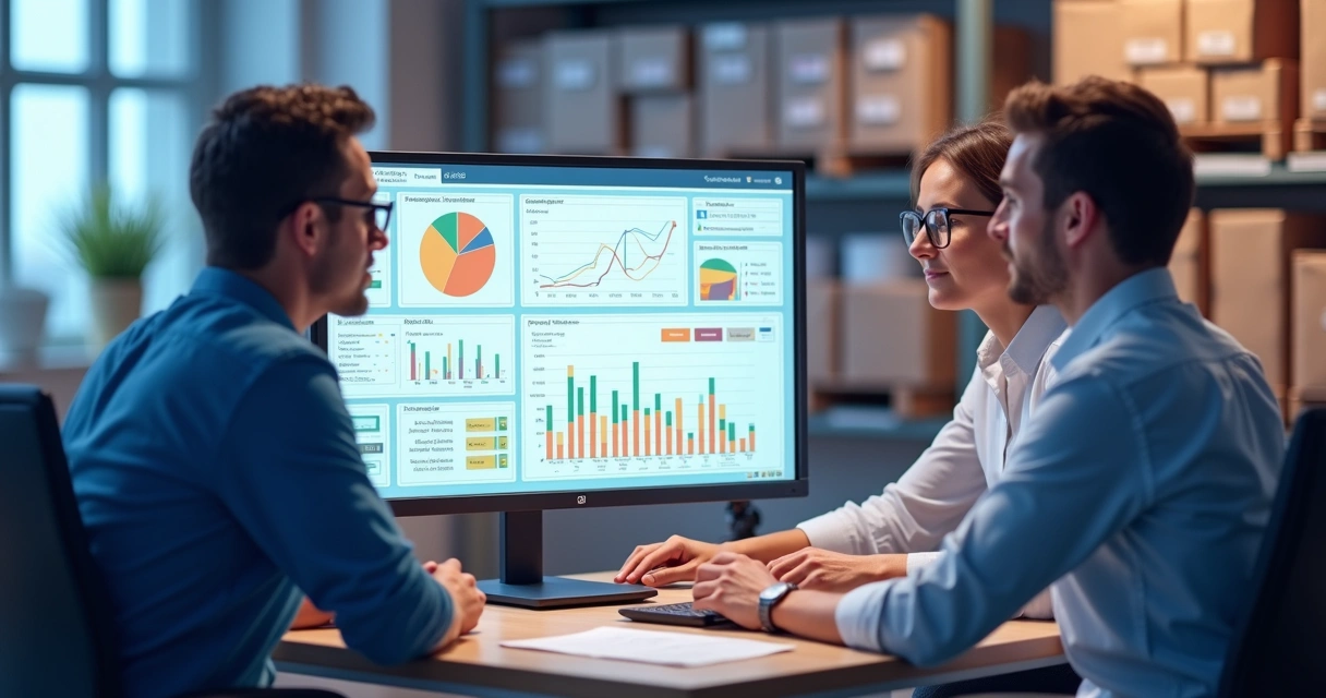 Tela de software de gestão de estoque em computador moderno 