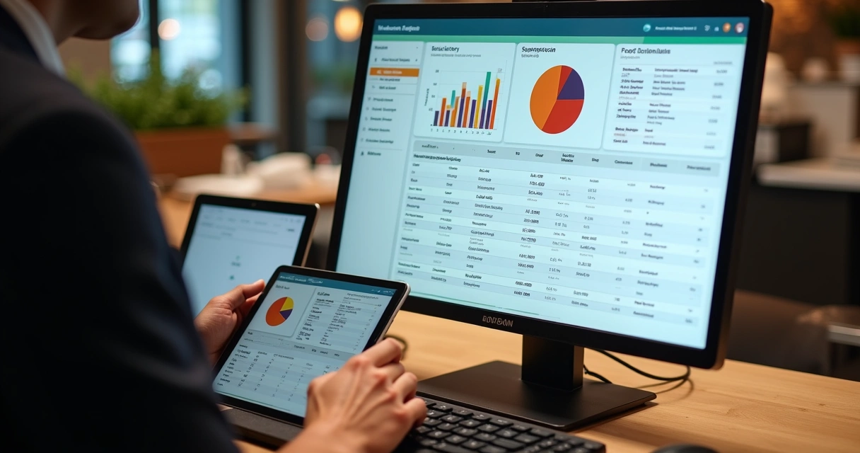 Tela de software de gestão com gráficos de estoque em restaurante