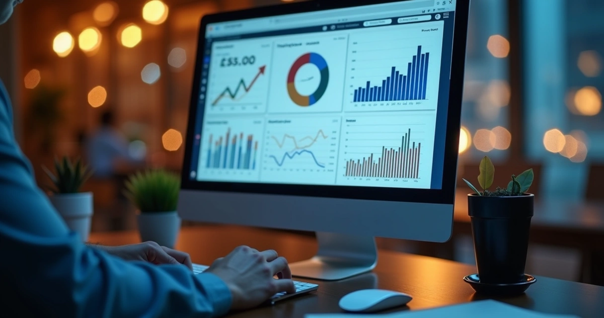 Tela de software financeiro com relatórios e gráficos 