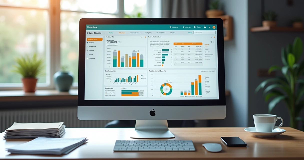 Computador exibindo dashboard de software de gestão financeira com gráficos e fluxos de caixa automatizados 