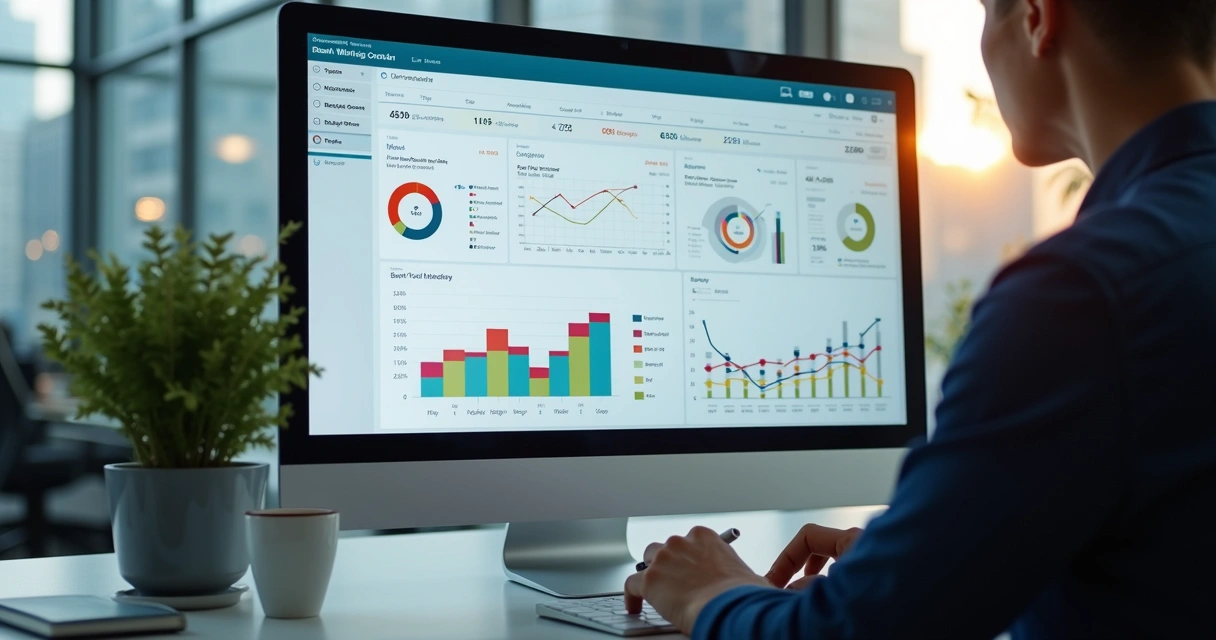 Dashboard de sistema de gestão financeira aberto na tela de um computador moderno 