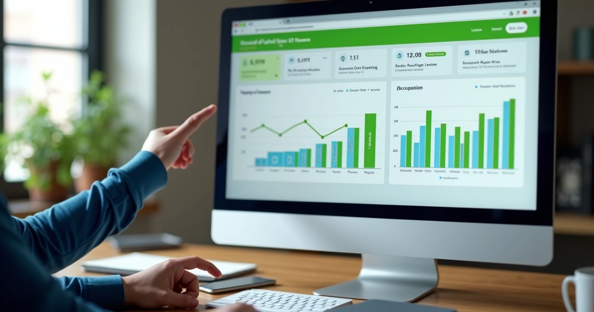 Painel digital de software de gestão imobiliária mostrando gráficos e alertas financeiros