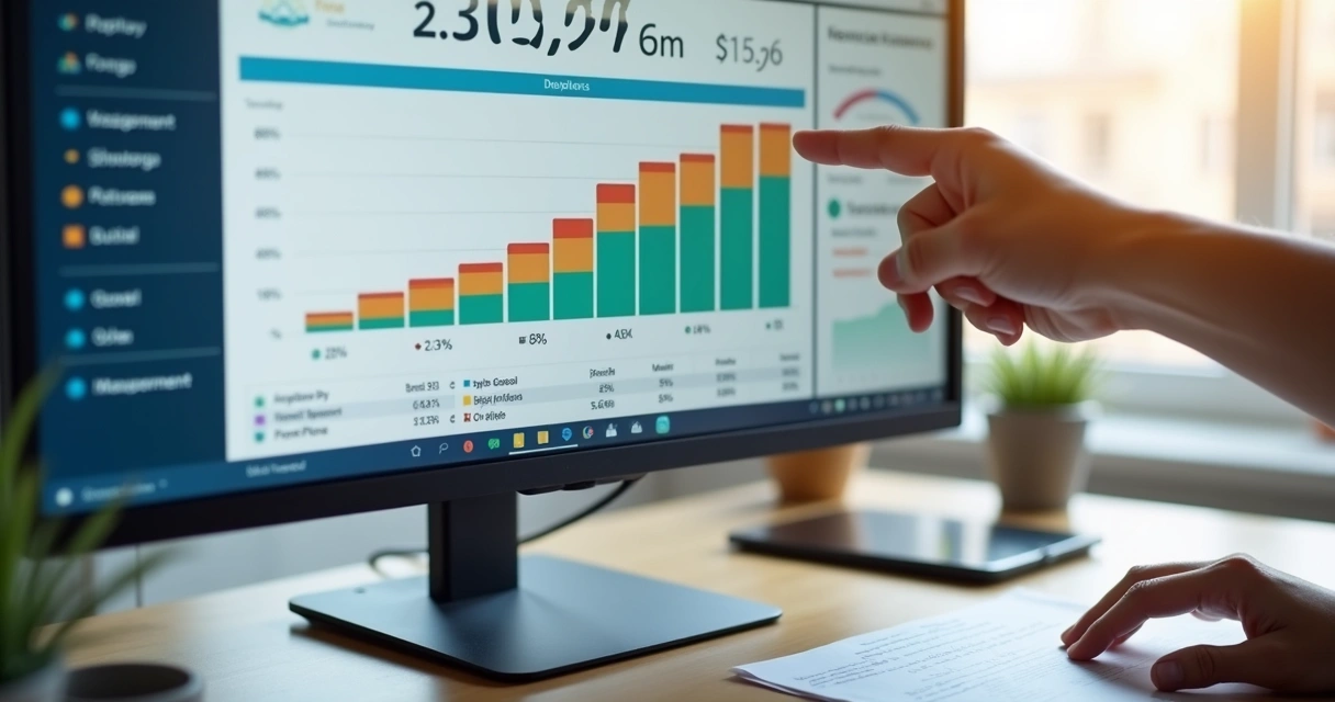 Tela de software de gestão financeira mostrando entradas e saídas em painel colorido. 