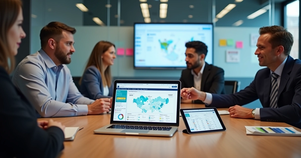 Equipe política analisando painel de software de gestão de mandato em laptop e tablet 