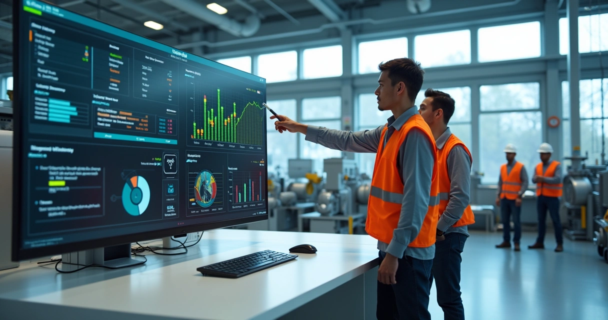 Equipe de manutenção analisando painel de software de gestão em fábrica moderna 