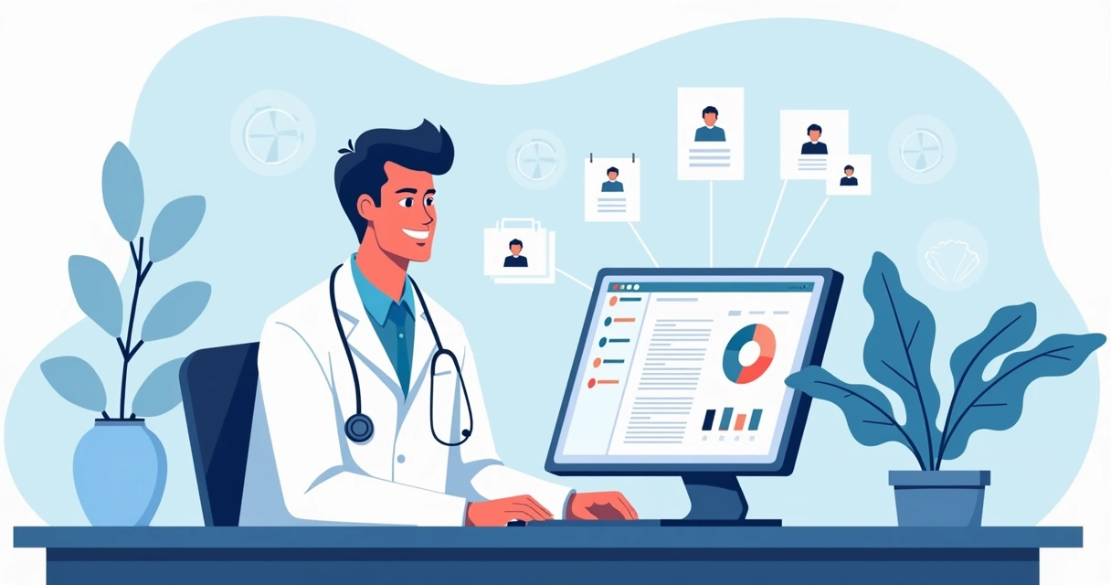 Médico usando sistema de gestão médica no computador 