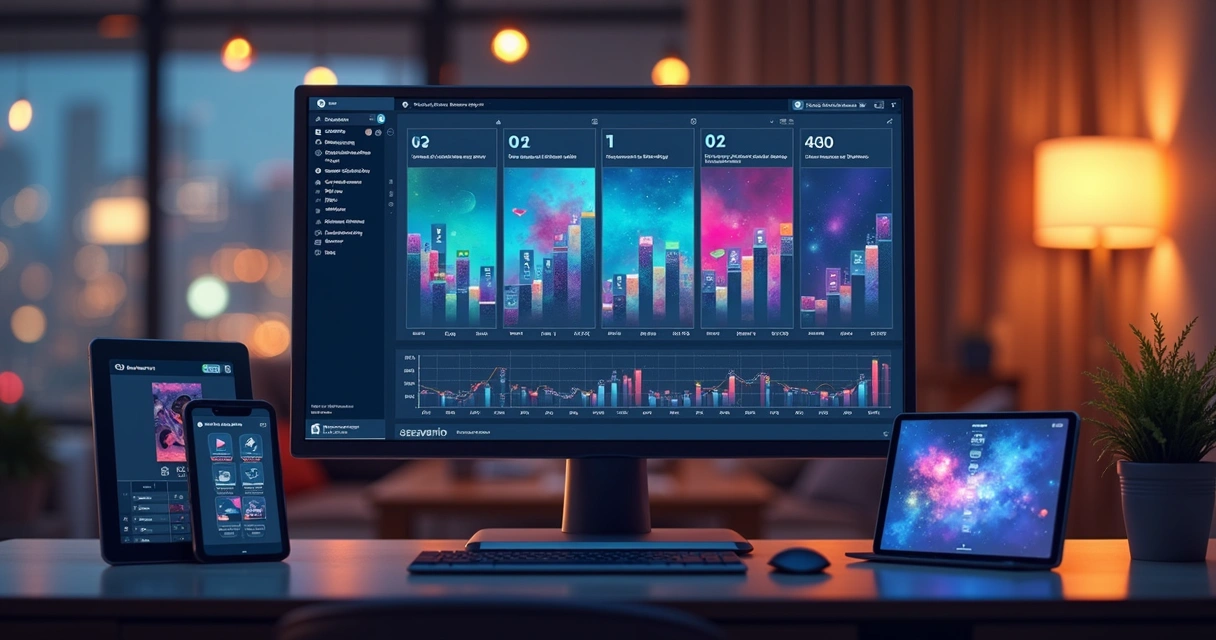 Tela de computador exibindo software de gestão de mídia indoor 