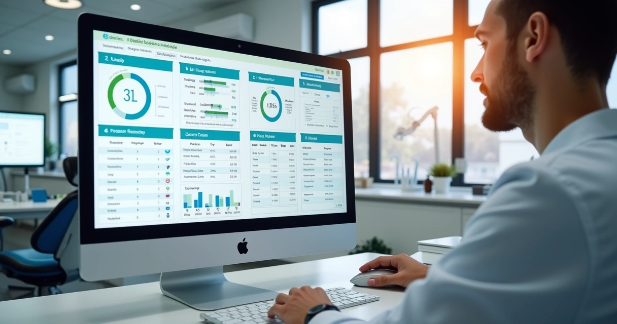 Dental management software on screen in a modern dental office 