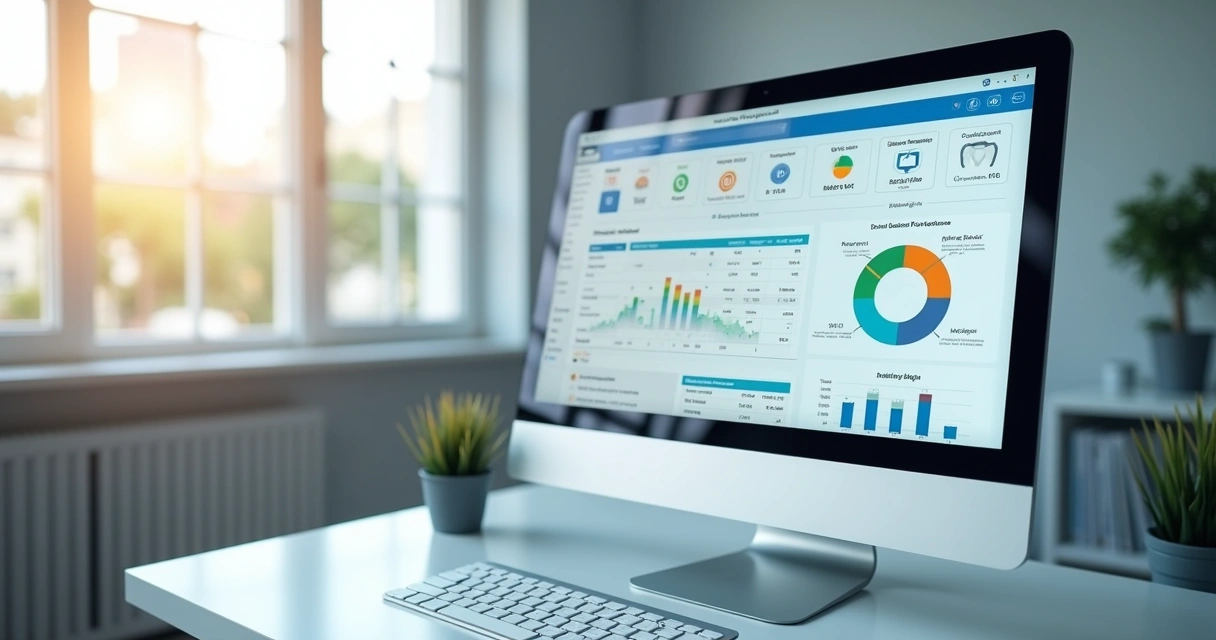 Tela de software de gestão odontológica com relatórios