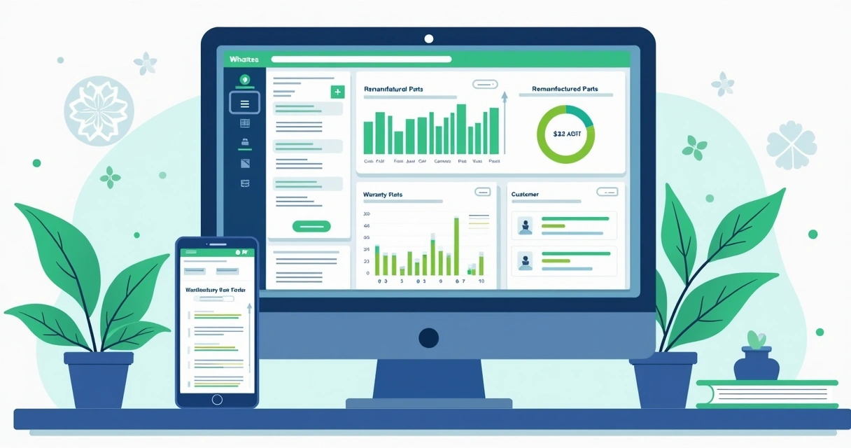 Tela de software de gestão com controle de peças remanufaturadas