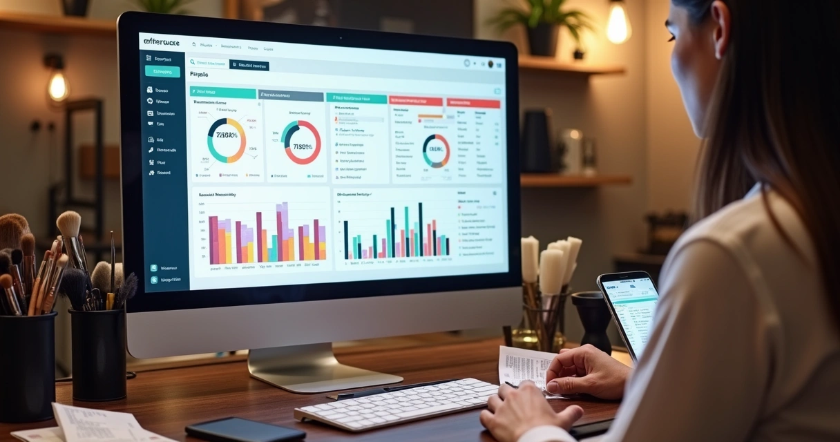 Tela de software de gestão para salão de beleza com gráficos