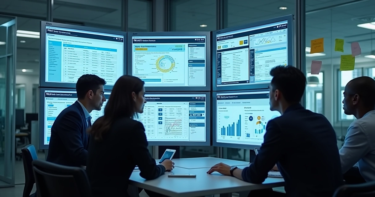 Tela de software GRC centralizando informações em painéis coloridos, com pessoas analisando gráficos
