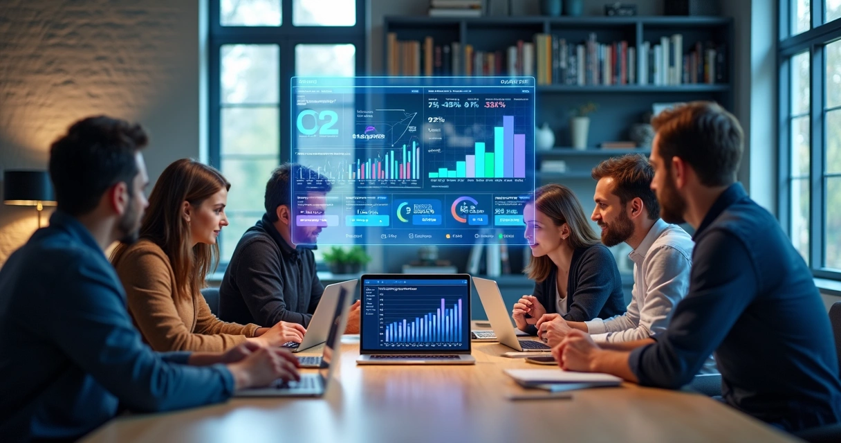 Equipe de software house reunida em escritório moderno, analisando gráficos de crescimento e custos no laptop com dashboard sofisticado ao fundo 