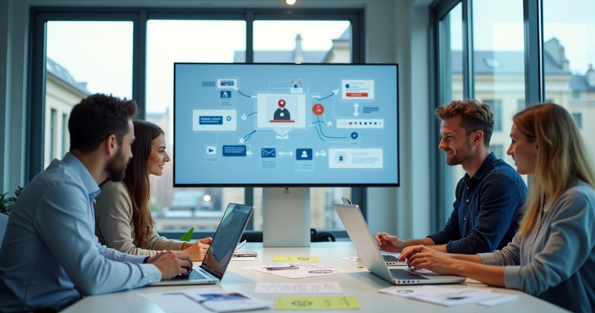 Team in modern office planning custom software for a European small business 