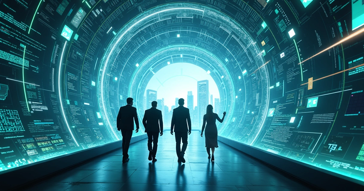 Time de software house caminhando por túnel digital até cidade fintech ao fundo 