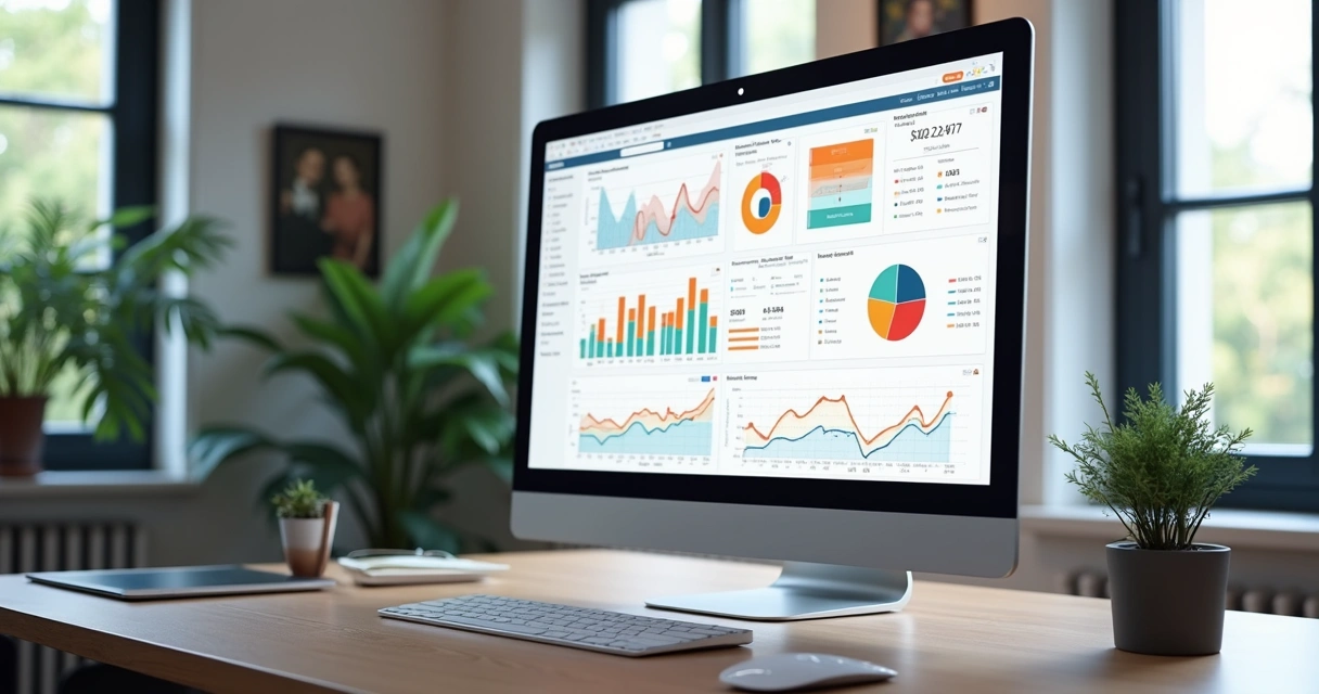 Tela de dashboard com relatórios de IA e gráficos coloridos de desempenho 