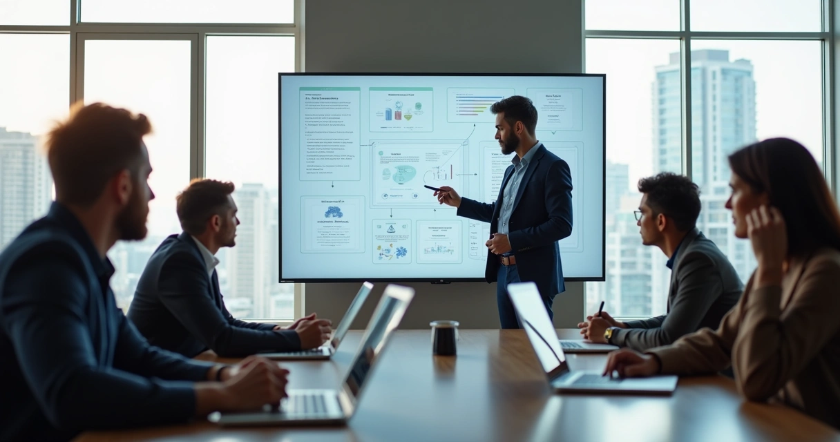 Empresário analisando painel com soluções de software com IA no escritório 