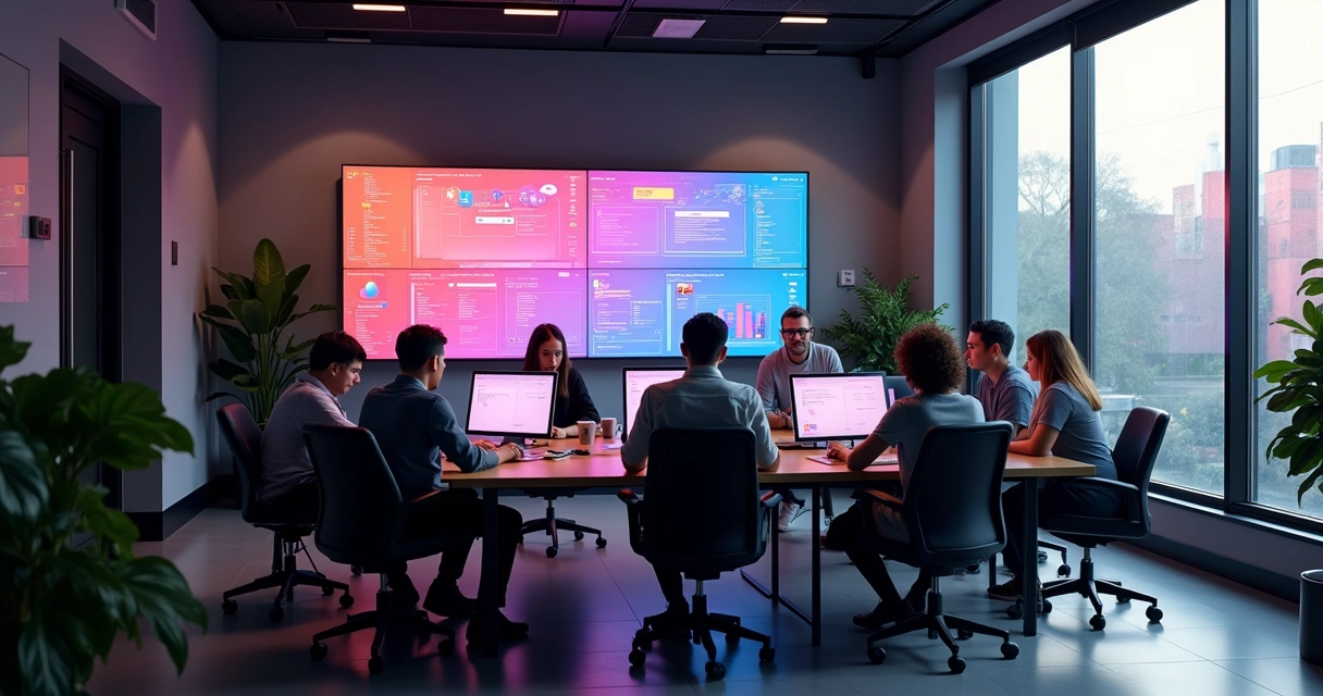 Desenvolvedores discutindo software com telas exibindo IA e no-code 