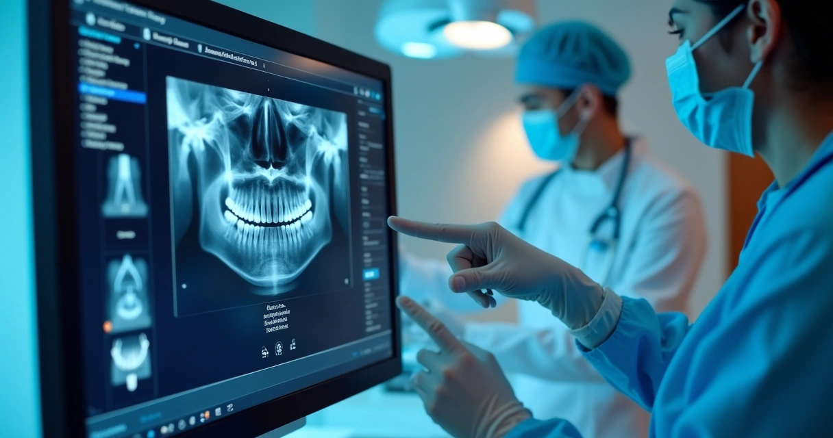 Tela de software de inteligência artificial analisando radiografia odontológica 