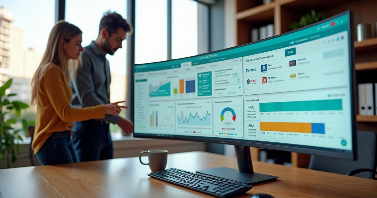 Tela de software imobiliário moderno com gestão de locação em destaque 