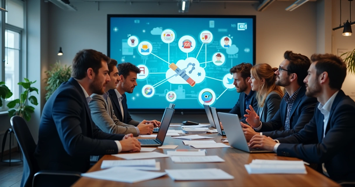 Team struggling to connect multiple business apps on a computer screen.
